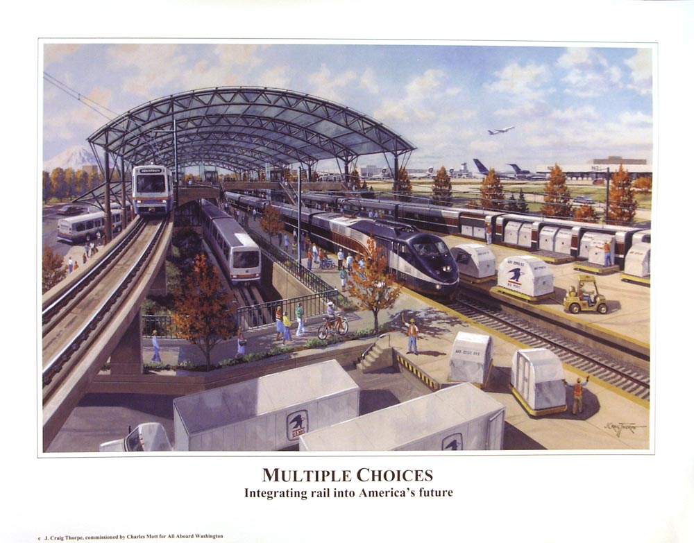 InterModal rail hub – Oil-on-canvas 24″x36″ commissioned by Charles Mott and used by Gil Carmichael of Intermodal Transportation Institute, University of Denver, CO to promote interconnected passenger and freight rail systems.