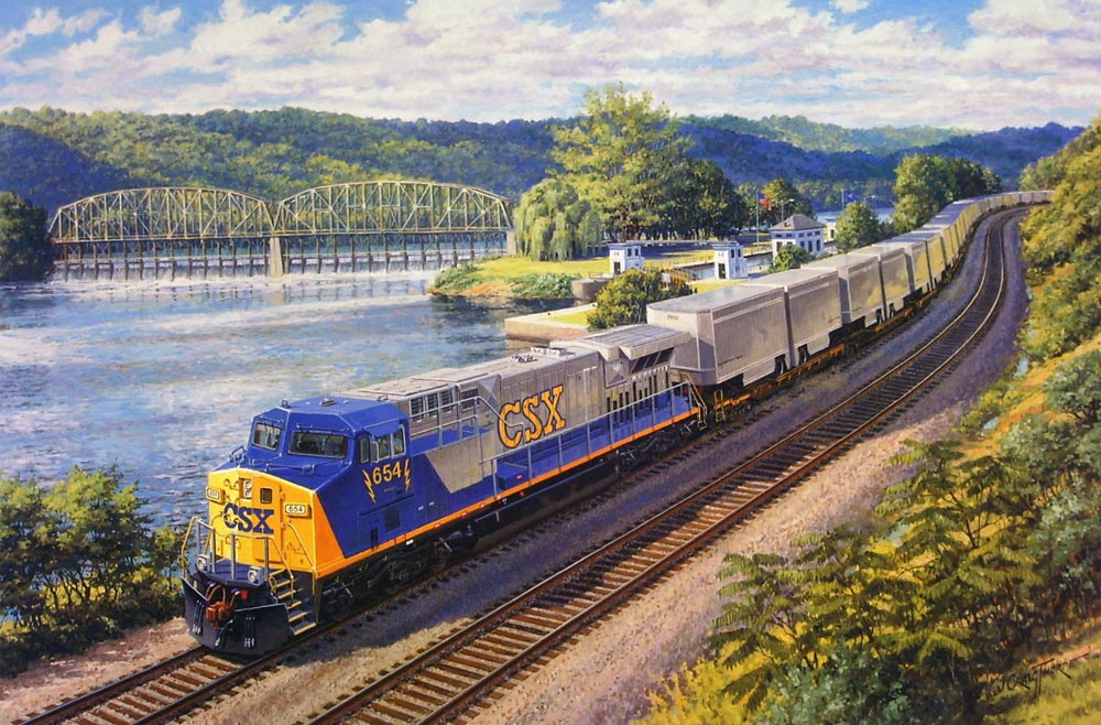 CSX locomotive – Oil-on-canvas 24″x36″ commissioned by General Electric Transportation Systems; Erie, PA; One of a series of paintings showing new locomotives for major railroads.