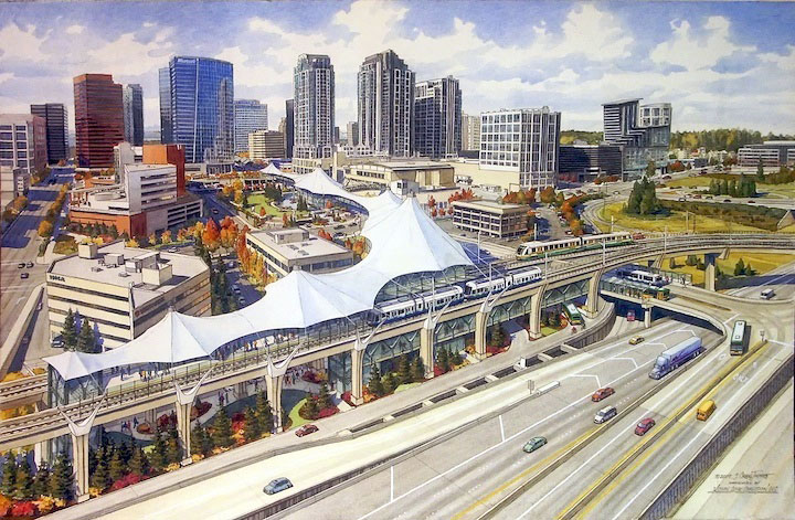 Vision Line Vision Line – Ink and watercolor 26″x40″ commissioned by Wallace Properties, Bellevue, WA; Concept rendering of a possible intermodal transit facility in Bellevue, WA.